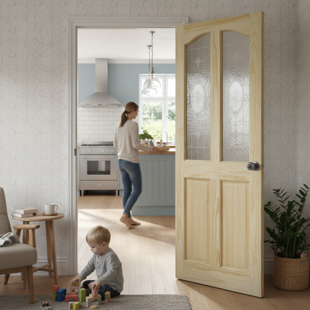 Premium Clear Pine Glazed Internal Door with 4 Panel Design and Safety Glass - High-Quality Professional Grade for Industrial and Commercial Applic...