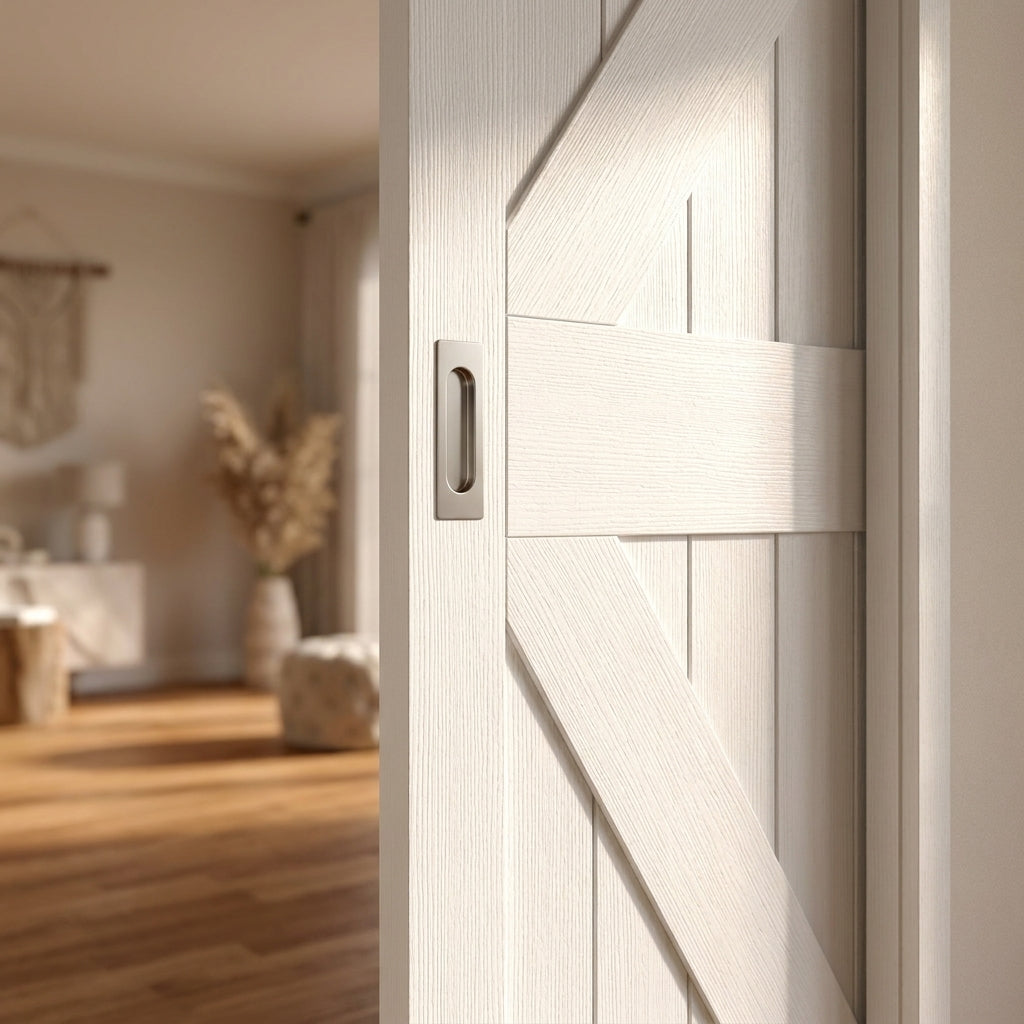 Internal White Primed Barn Pocket Door Set with 100mm Frame, Solid Core - detail view