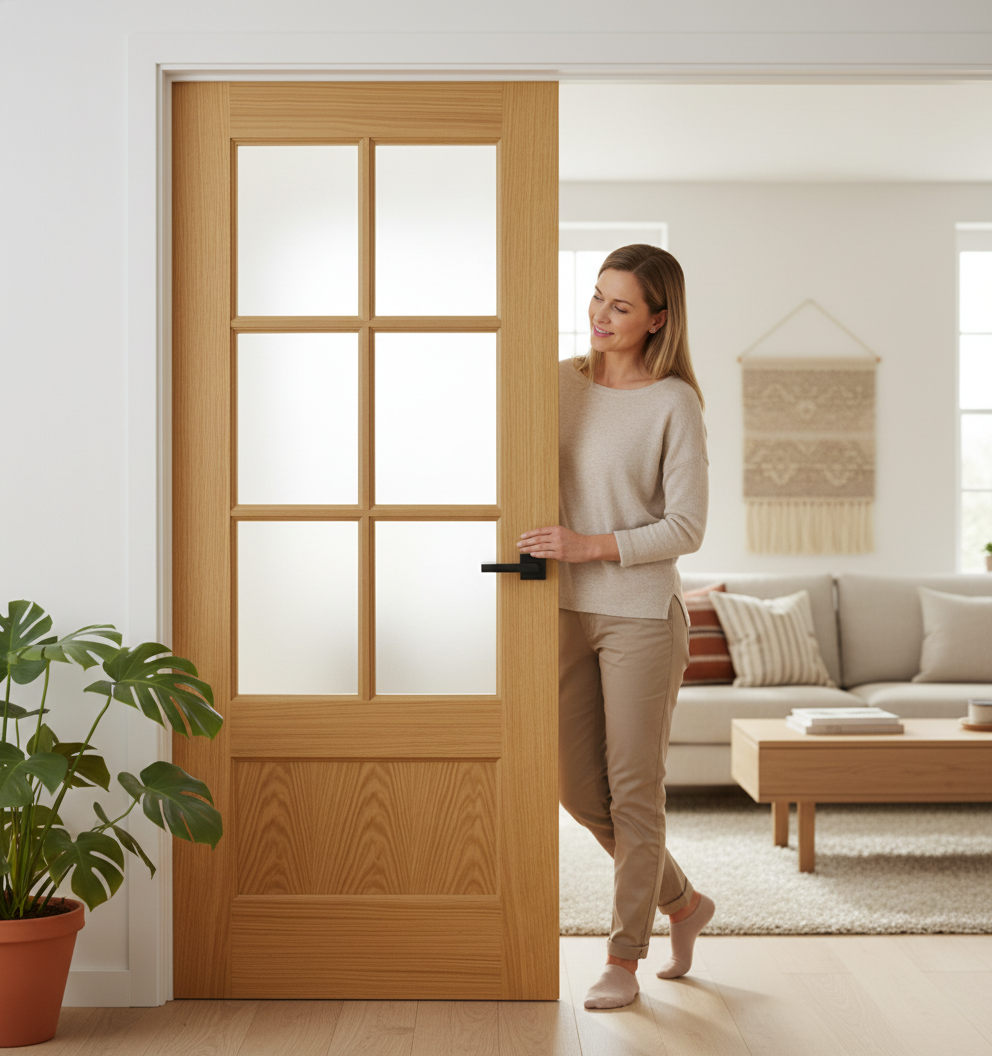 Premium Clear Glazed Internal Door with Engineered Construction and Satin Lacquer Finish for Immediate Use