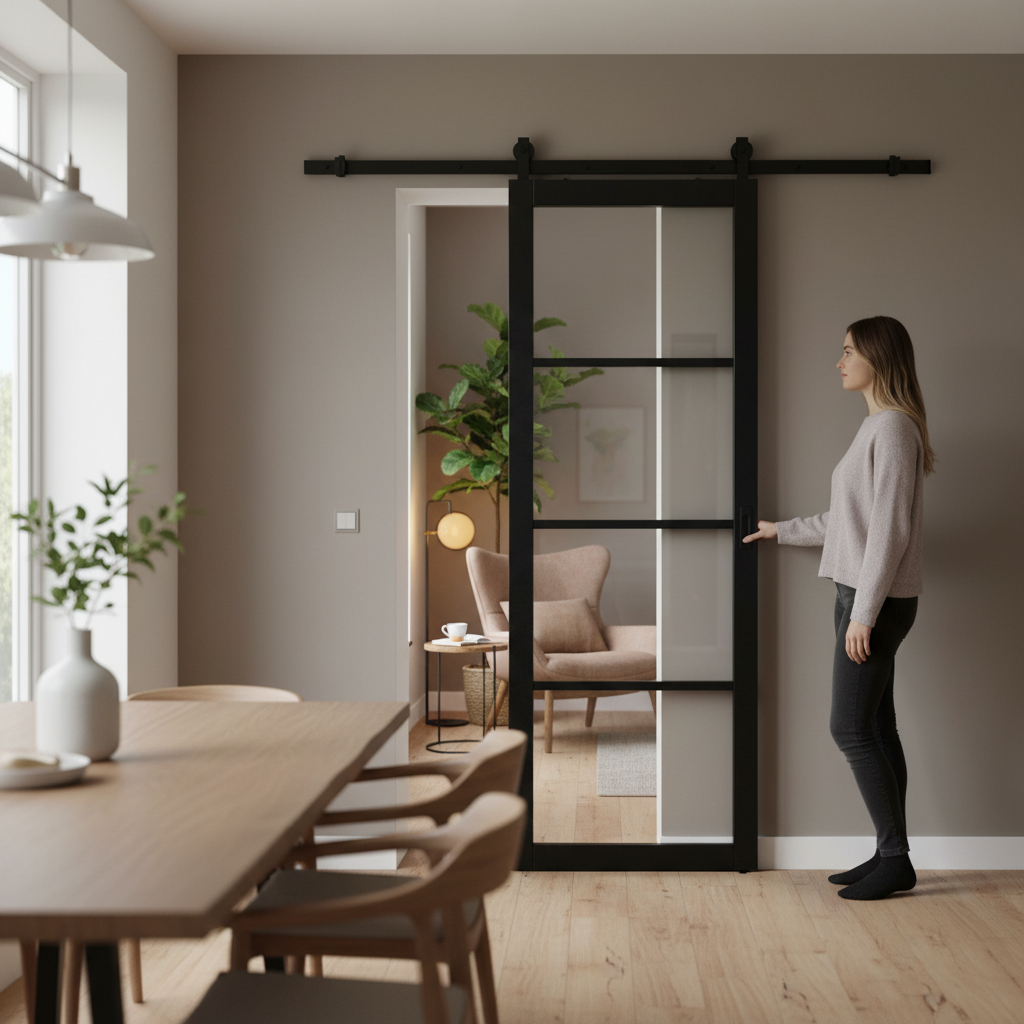 Premium Industrial 4 Light Clear Glass Sliding Door with Black Top Mounted System for Modern Interiors - Image 2