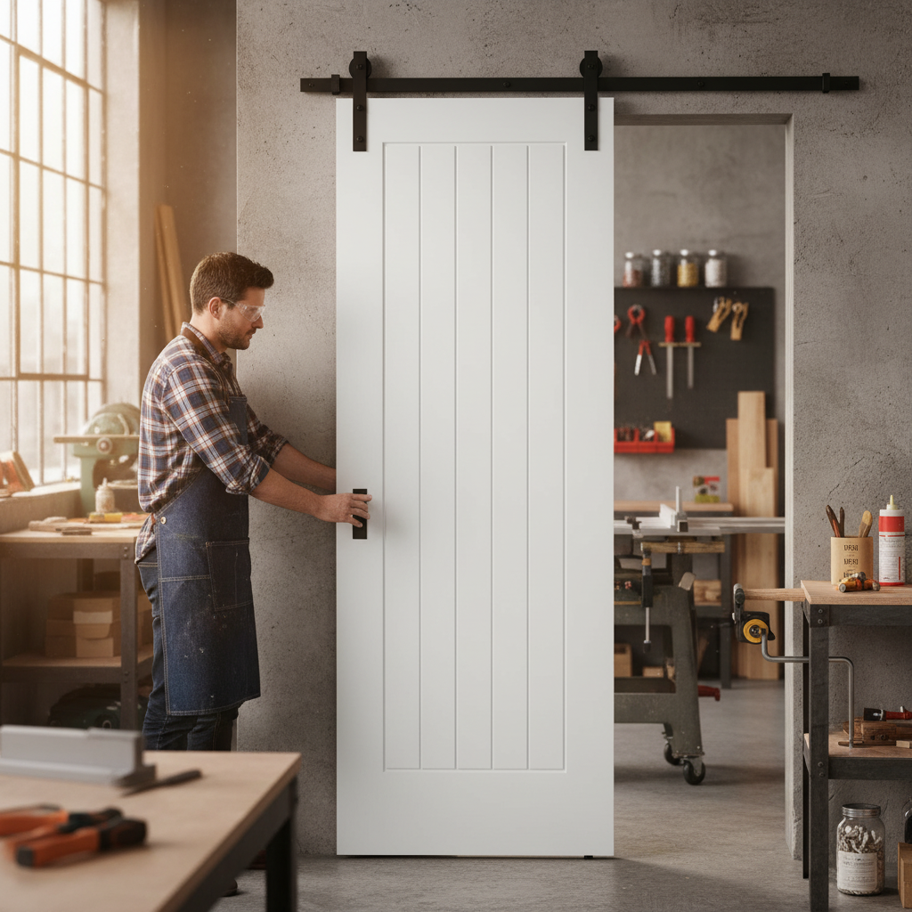 Premium White Internal Primed Cottage 1 Panel Sliding Door with Black Steel Track for Contemporary Elegance