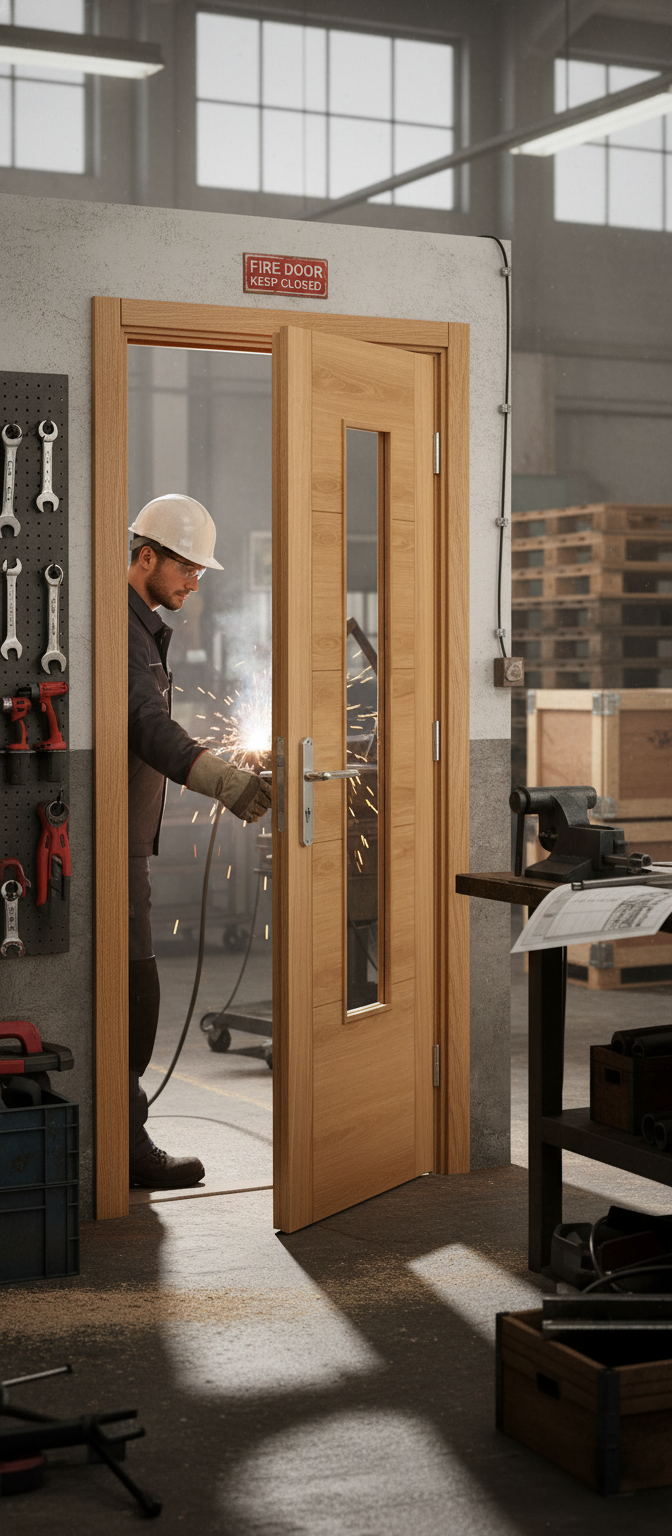 Premium Contemporary Oak Fully Finished 1L Glazed FD30 Fire Door with Safety Glass and Solid Core Construction