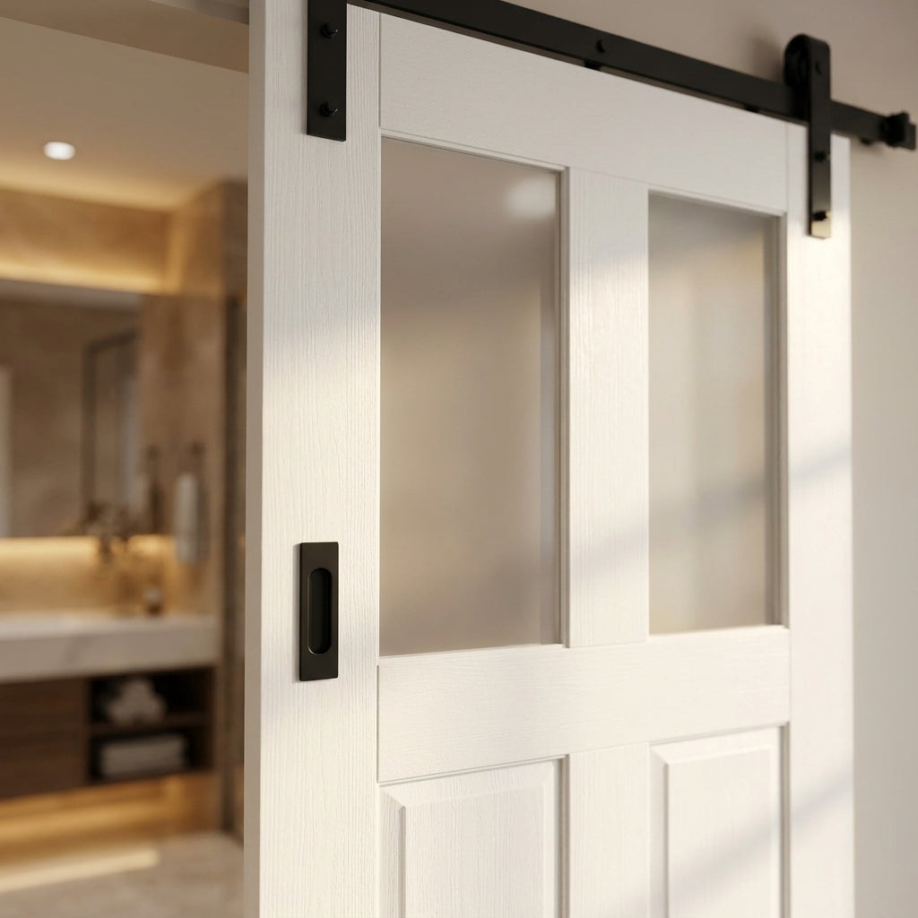 Internal White Victorian Sliding Door with 2 Panel 2 Light Obscure Glass, Primed - detail view