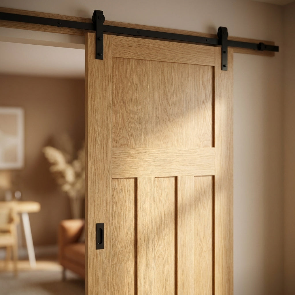 Internal Oak Sliding Door Unfinished 1930's 4 Panel Design Black Face - detail view