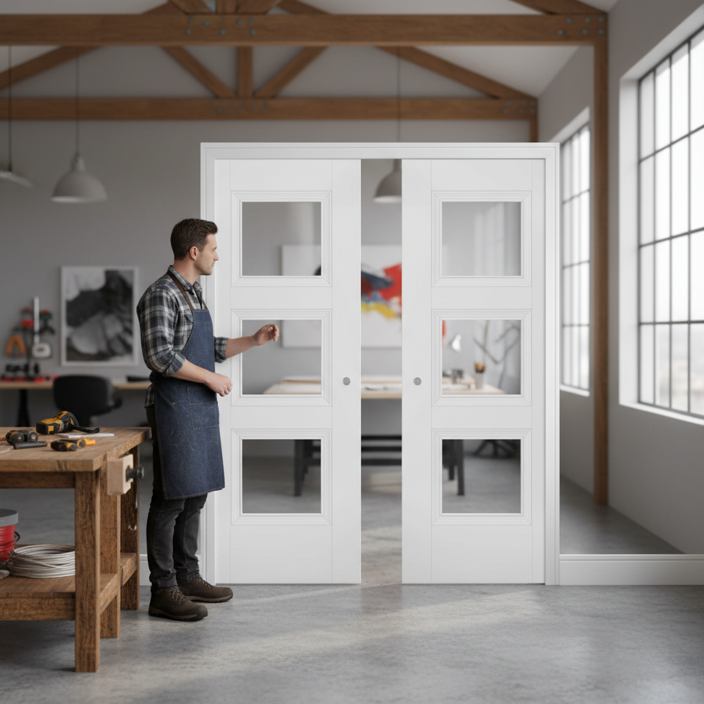 Premium 3L Glazed White Double Pocket Door Set with Steel Frame and Adjustable Jambs