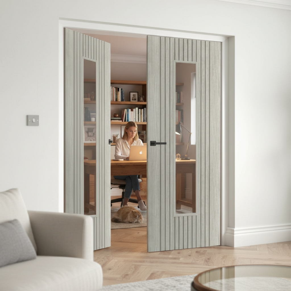 Premium Clear Glazed Internal Fluted Door Pair with Durable Laminate Finish and Safety Glass Design
