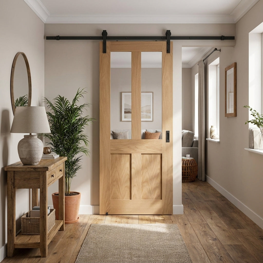 Internal Oak Sliding Door Unfinished Victorian Shaker 2 Panel 2 Light Clear Glass