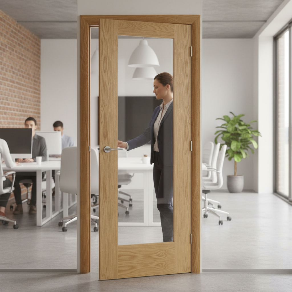 Premium Clear Glazed Fire Door with Toughened Safety Glass and Elegant Oak Finish