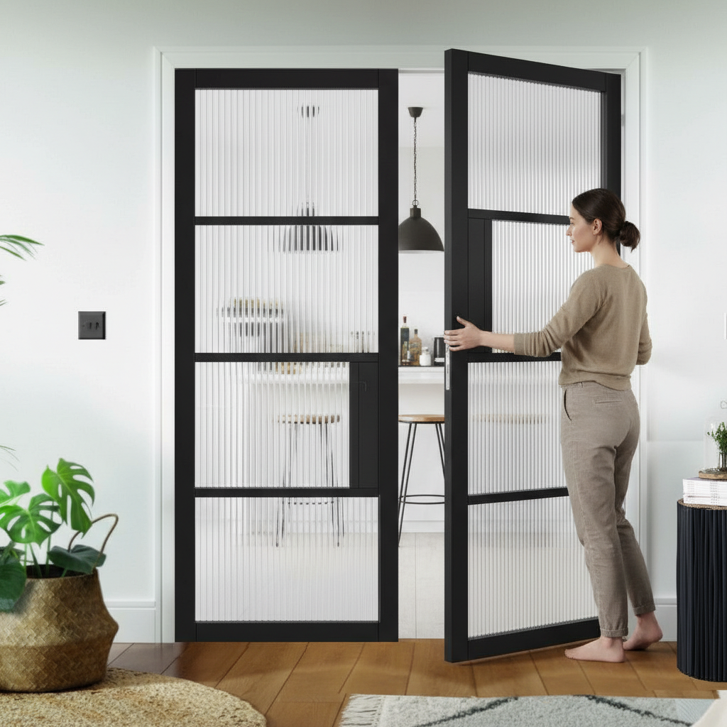 Premium Industrial Style 4L Internal Door Pair with Reeded Glass - Prefinished Black, Solid Engineered Core, 10-Year Warranty