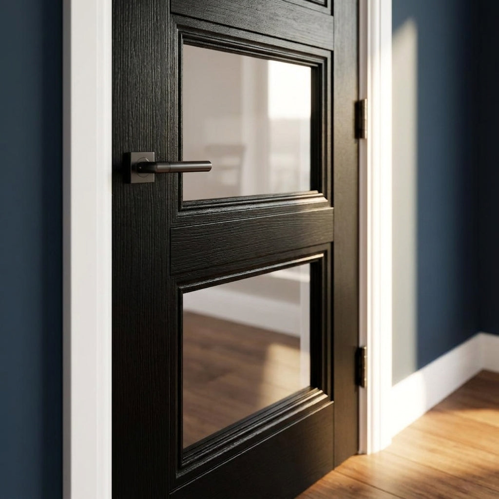 Internal Black Door Fully Finished with 3 Light Clear Glass Panels - detail view