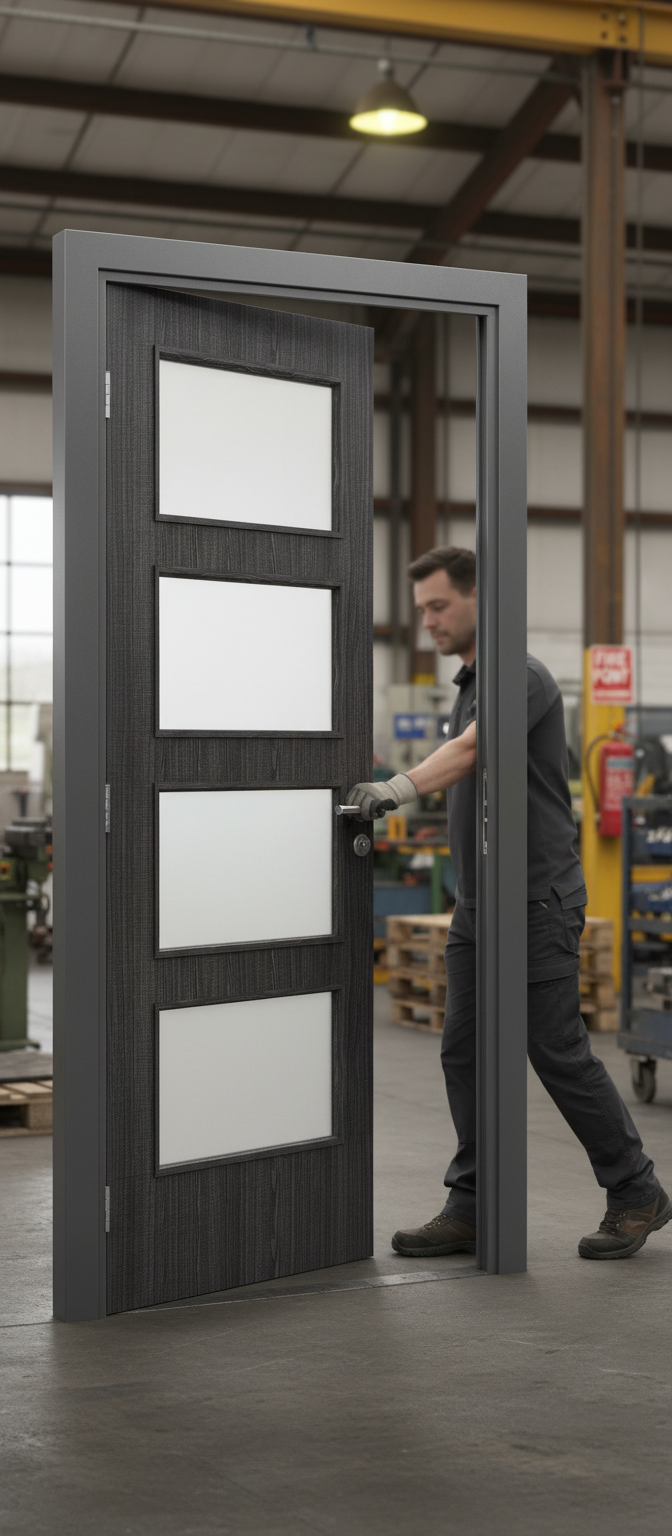 Premium Custom Made Dark Grey Flush Glazed Fire Door with Solid Core and Clear Glass
