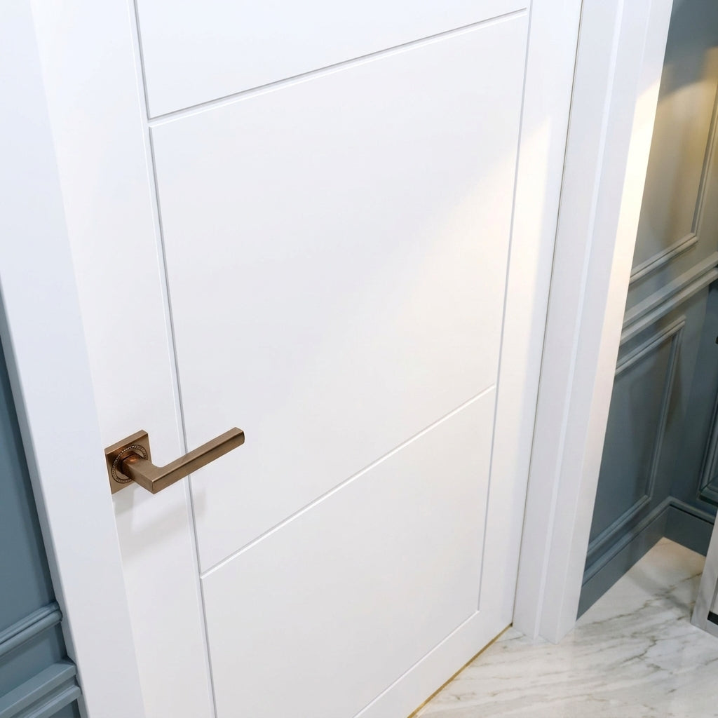 FD30 Fire Rated White Internal Primed Temple Door, Solid Engineered Timber Core - detail view
