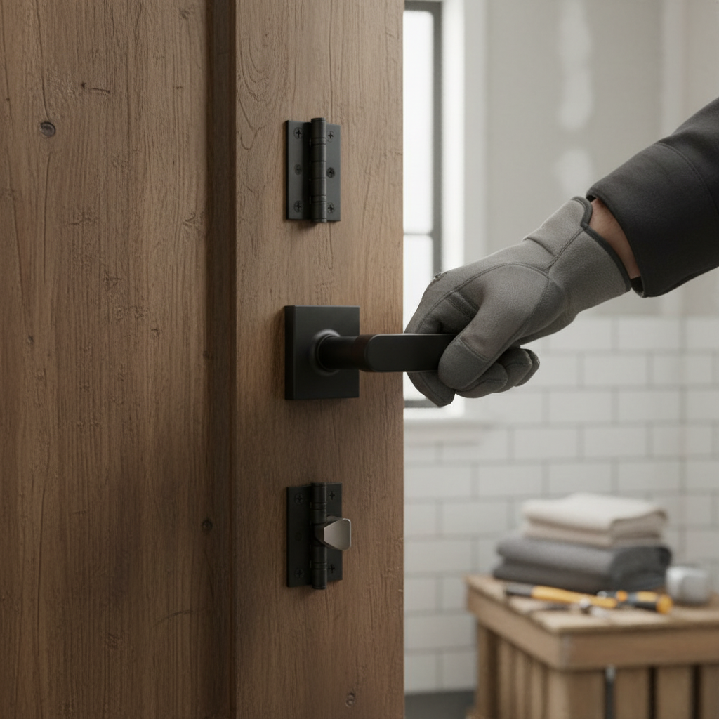 Premium Matt Black Square Rose Bathroom Door Handle Set with Slim Lever Handles and Ball Bearing Hinges