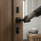 Premium Matt Black Square Rose Bathroom Door Handle Set with Slim Lever Handles and Ball Bearing Hinges