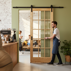 Premium Clear Glass Sliding Door with Unfinished Clear Pine Frame and Black Top Mounted System for Elegant Home Design