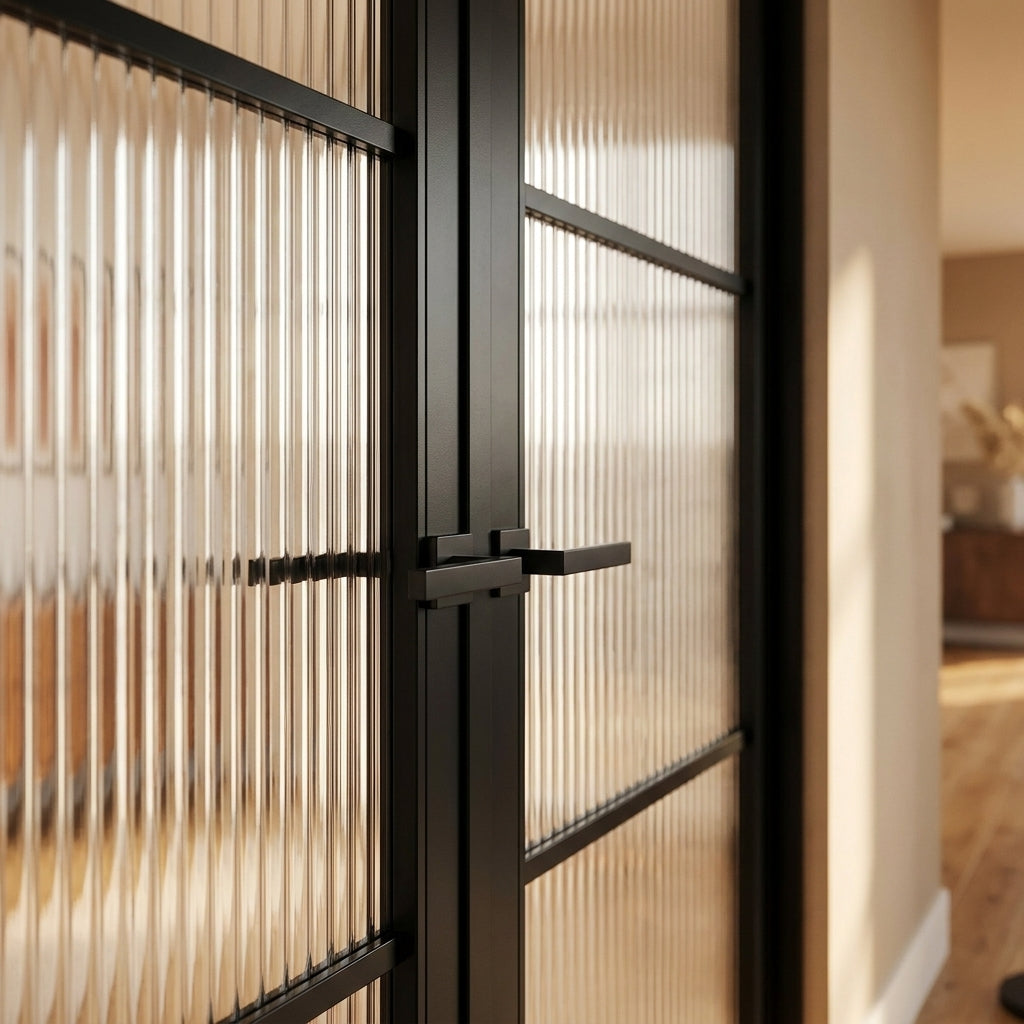 Internal Double Door with Jet Black Finish, 3 Light Reeded Toughened Glass - detail view