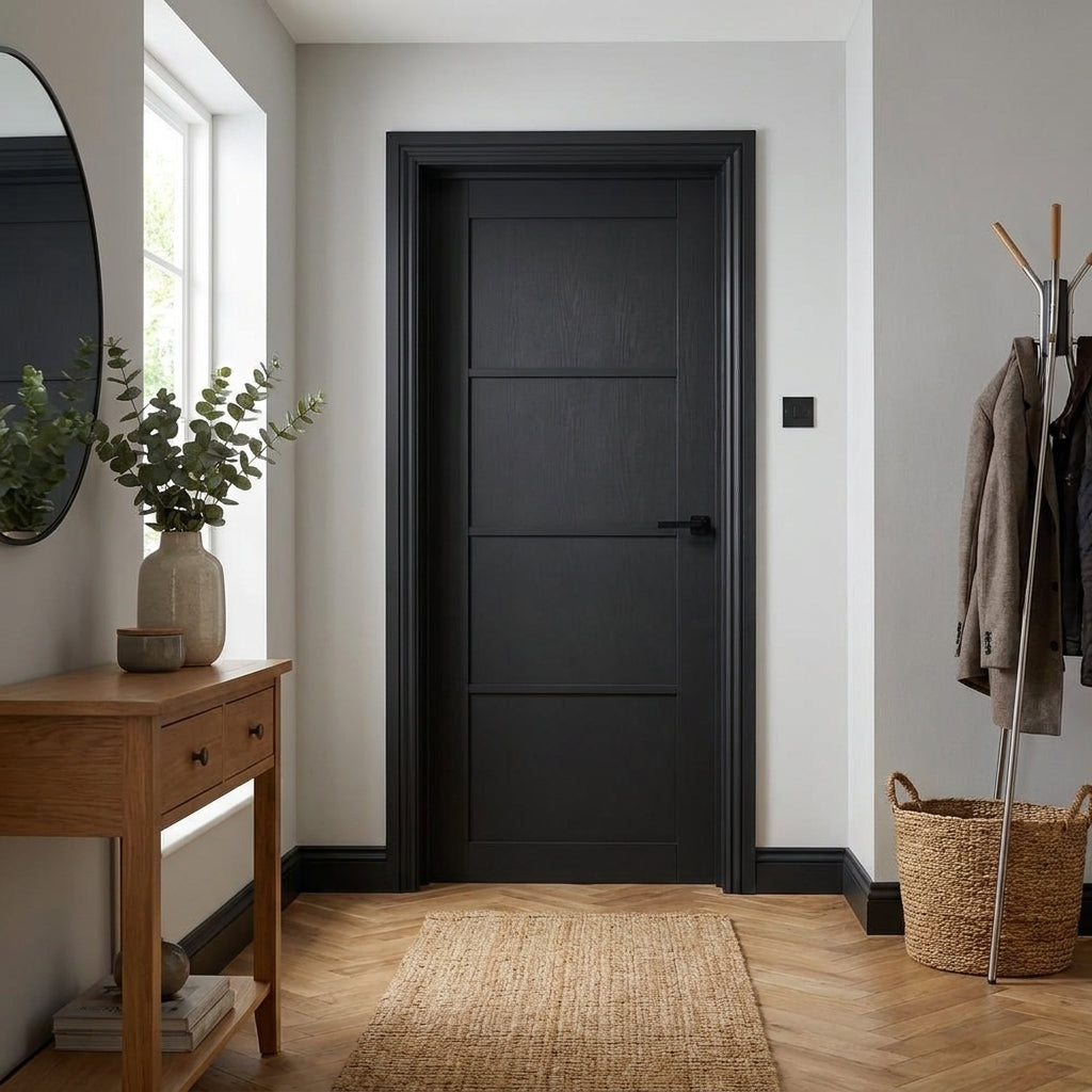 Internal 4 Panel Jet Black Studio Door, Fully Finished, Softwood Core