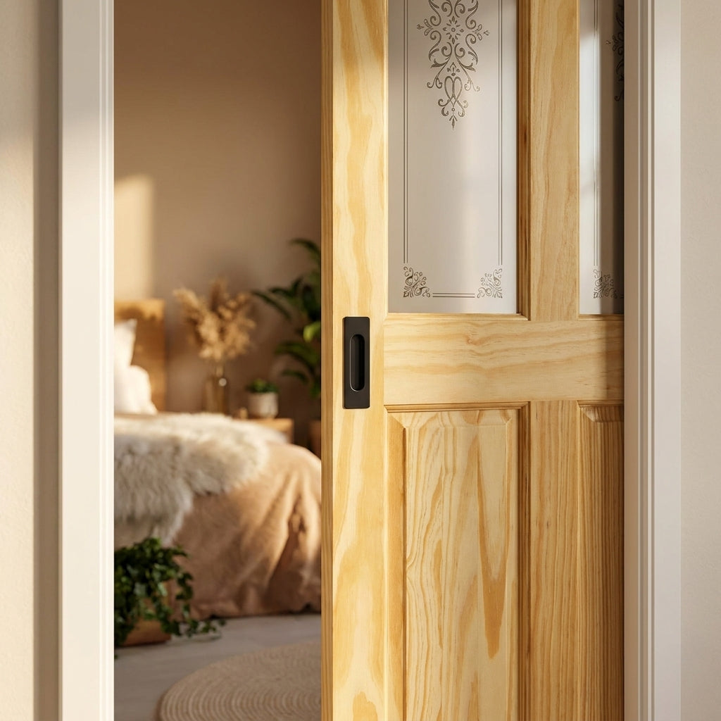 Internal Pocket Door Set, Clear Pine, Unfinished, 2 Panel, 2 Light Campion Glass, 100mm - detail view