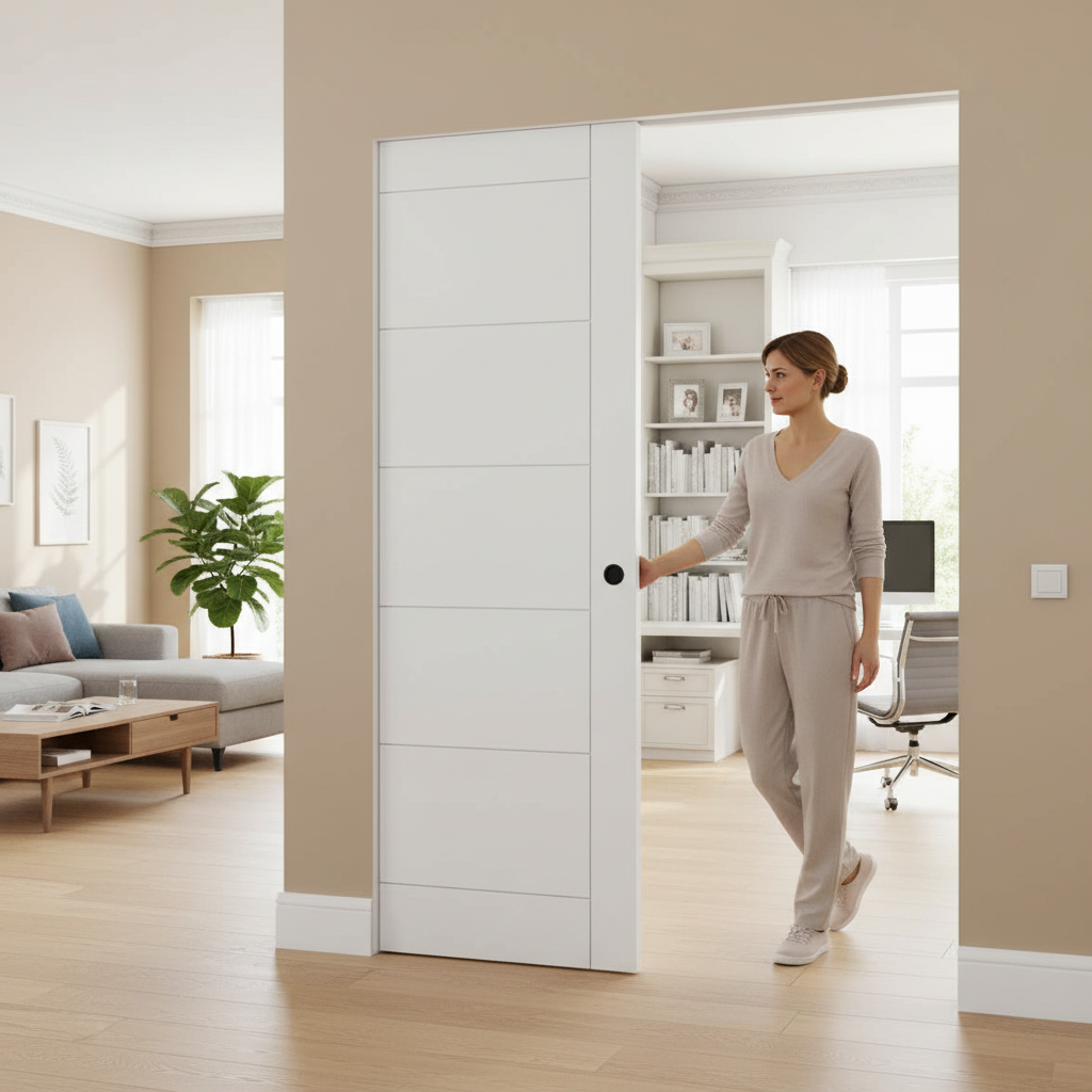 Premium White Flush Pocket Door Set with No Bottom Track and 15-Year Guarantee - Space-Saving and Modern Design
