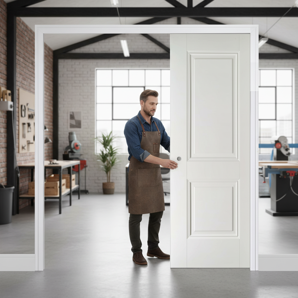 Premium Double Pocket Door Set with Classic Two-Panel Design and Galvanized Steel Frame for Modern and Period Interiors