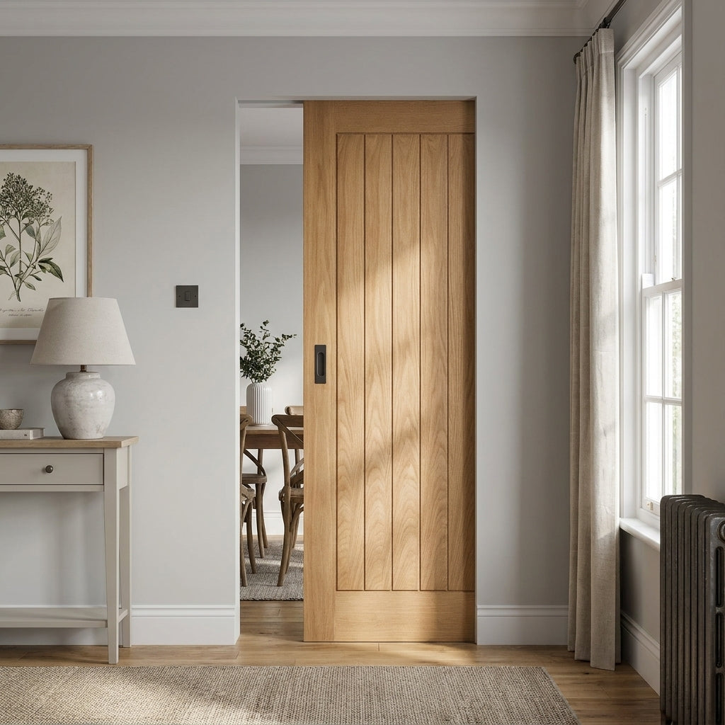 Internal Oak Pocket Door Set, Unfinished, FD30 Fire Resistant, 100mm Thick