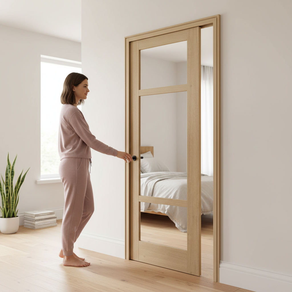 Premium Oak Pocket Door Set with Rattan Panels and Galvanised Steel Frame - Fully Finished for Easy Installation