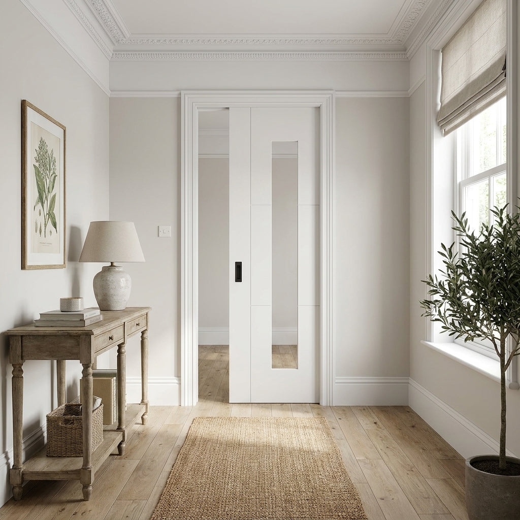 Internal Pocket Door Set with White Primed Finish, 1 Light Clear Glass Panel