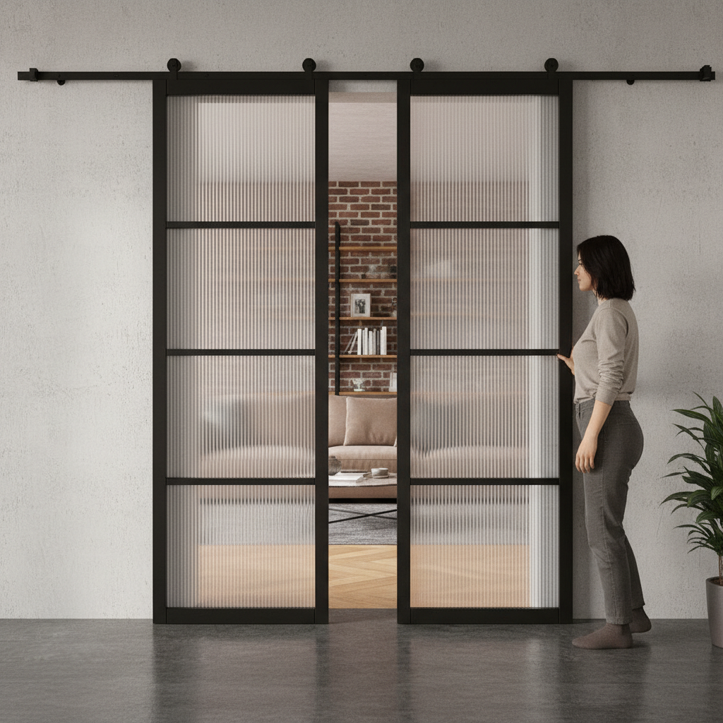 Premium Double Sliding Doors with Top Mount Track System - Black Reeded Glazed Design for Smooth Operation and Soft Close Option