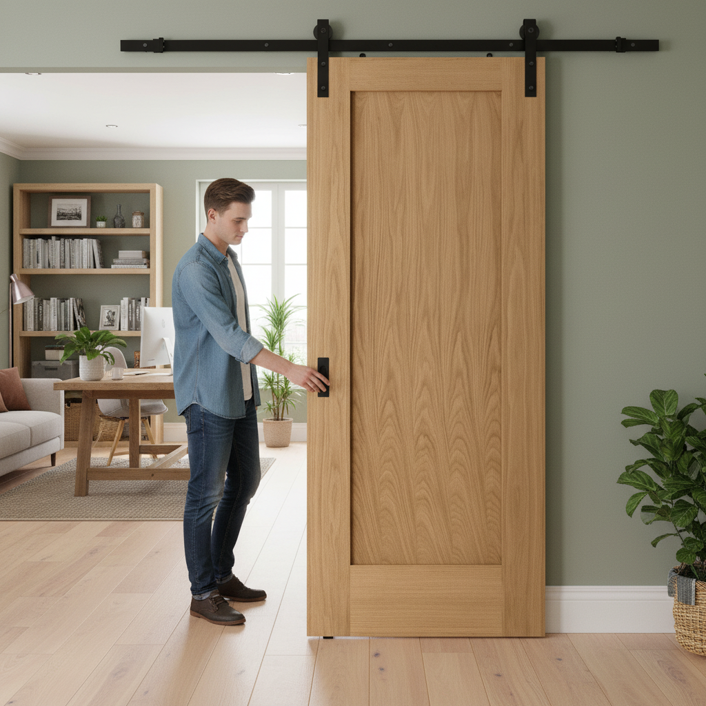 Unfinished Oak Pattern 10 1P Sliding Door Set with Black Steel Track for Custom Interior Design - Image 2