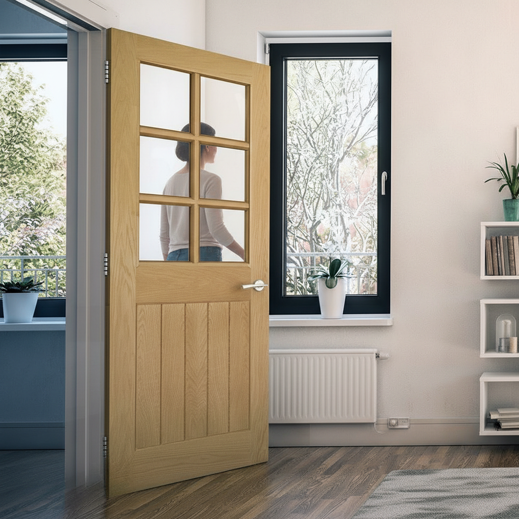 Premium Internal Oak Clear Glazed Door with Solid Core Construction and Bevelled Safety Glass