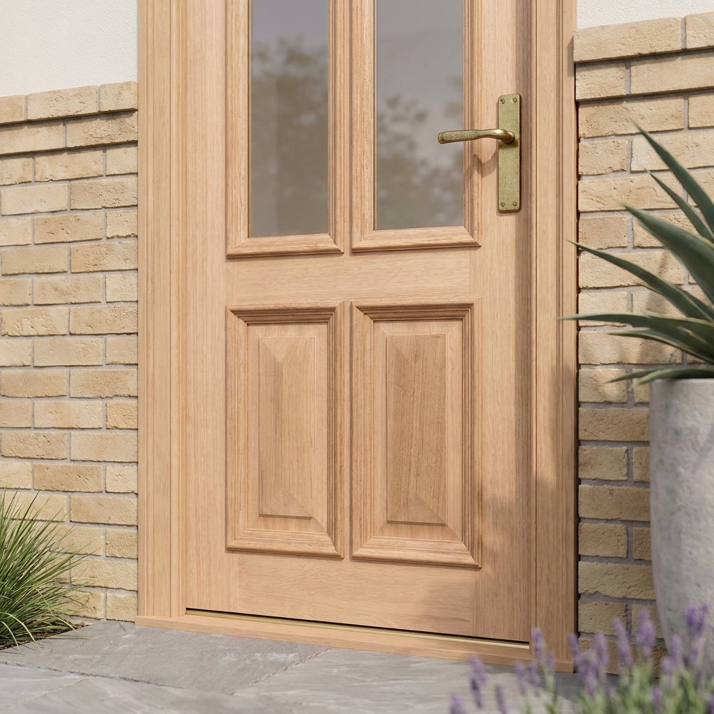 External Hardwood Door Unfinished with Raised Mouldings and Clear Glass - detail view