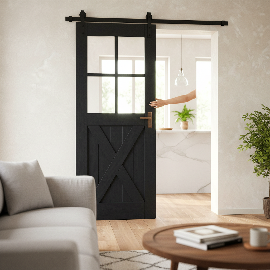 Premium Internal Fully Finished Oak Barn Door with Clear Glass Panels for Modern Rustic Design - Image 2