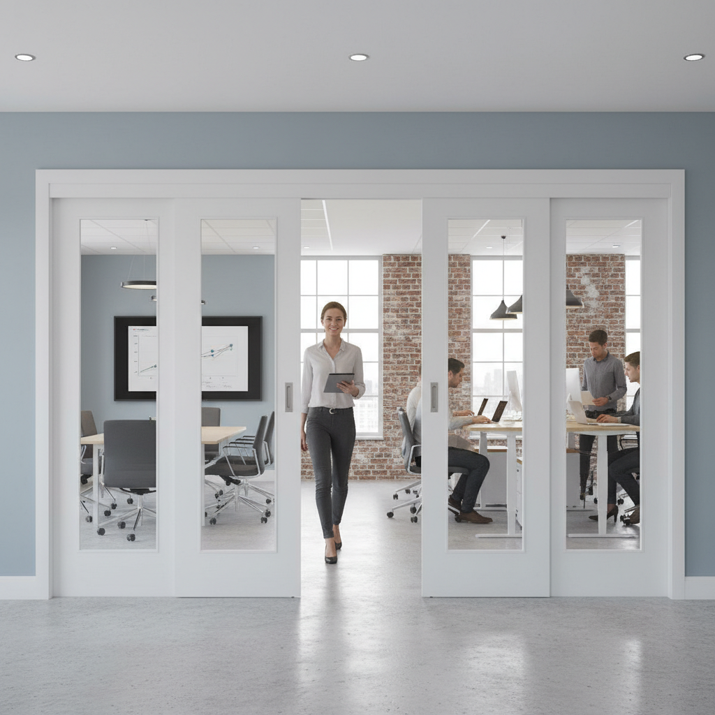 Premium Sliding Room Divider with White Pattern - 10 Doors and Fixed End Panels for Space Optimization