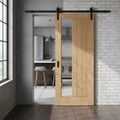 Premium Oak Internal Unfinished Sliding Door Set with Clear Offset Glass and Smooth Black Steel Track
