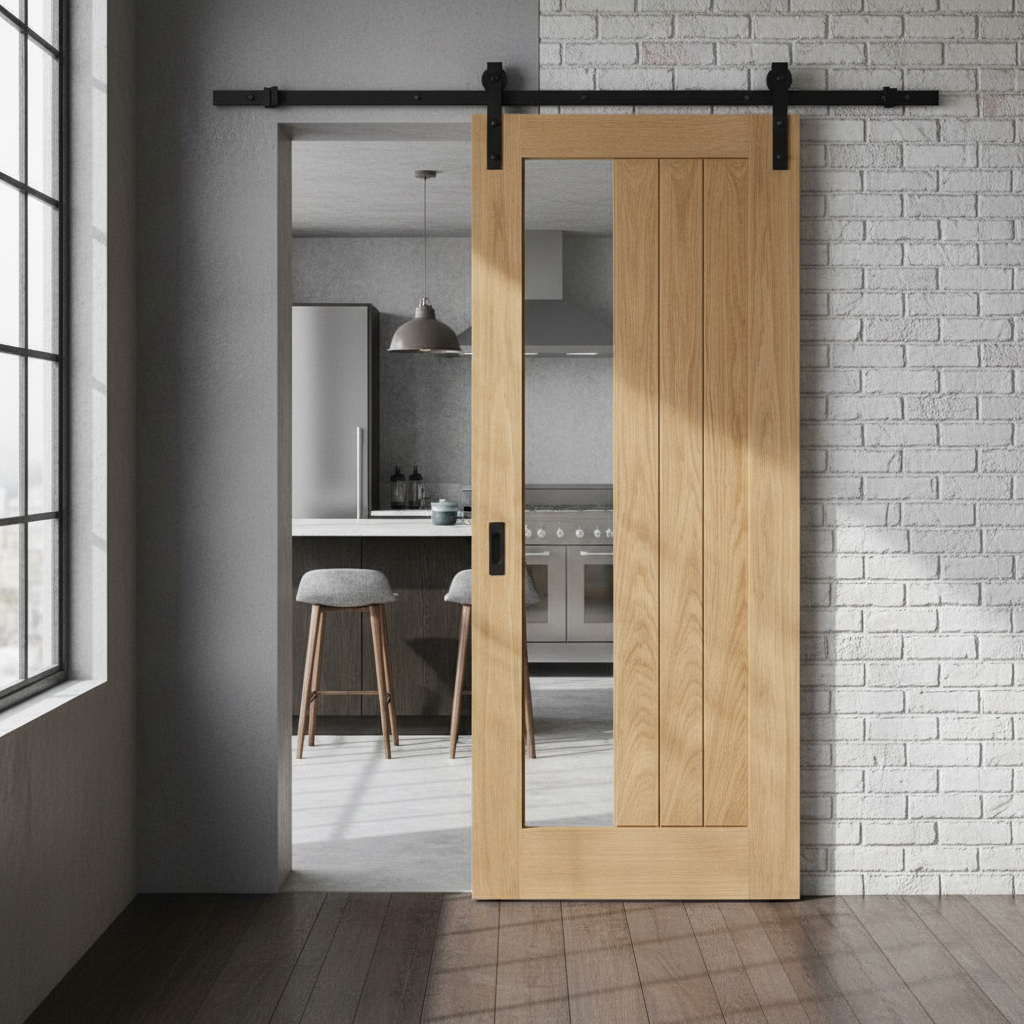Premium Oak Internal Unfinished Sliding Door Set with Clear Offset Glass and Smooth Black Steel Track