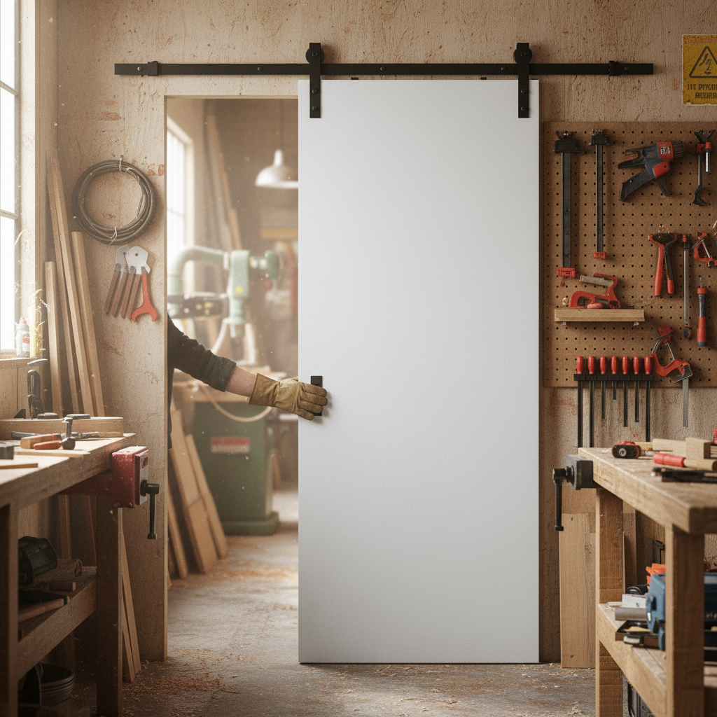 Premium Internal Primed Flush Sliding Door with Black Top Mounted Track for Modern Interiors