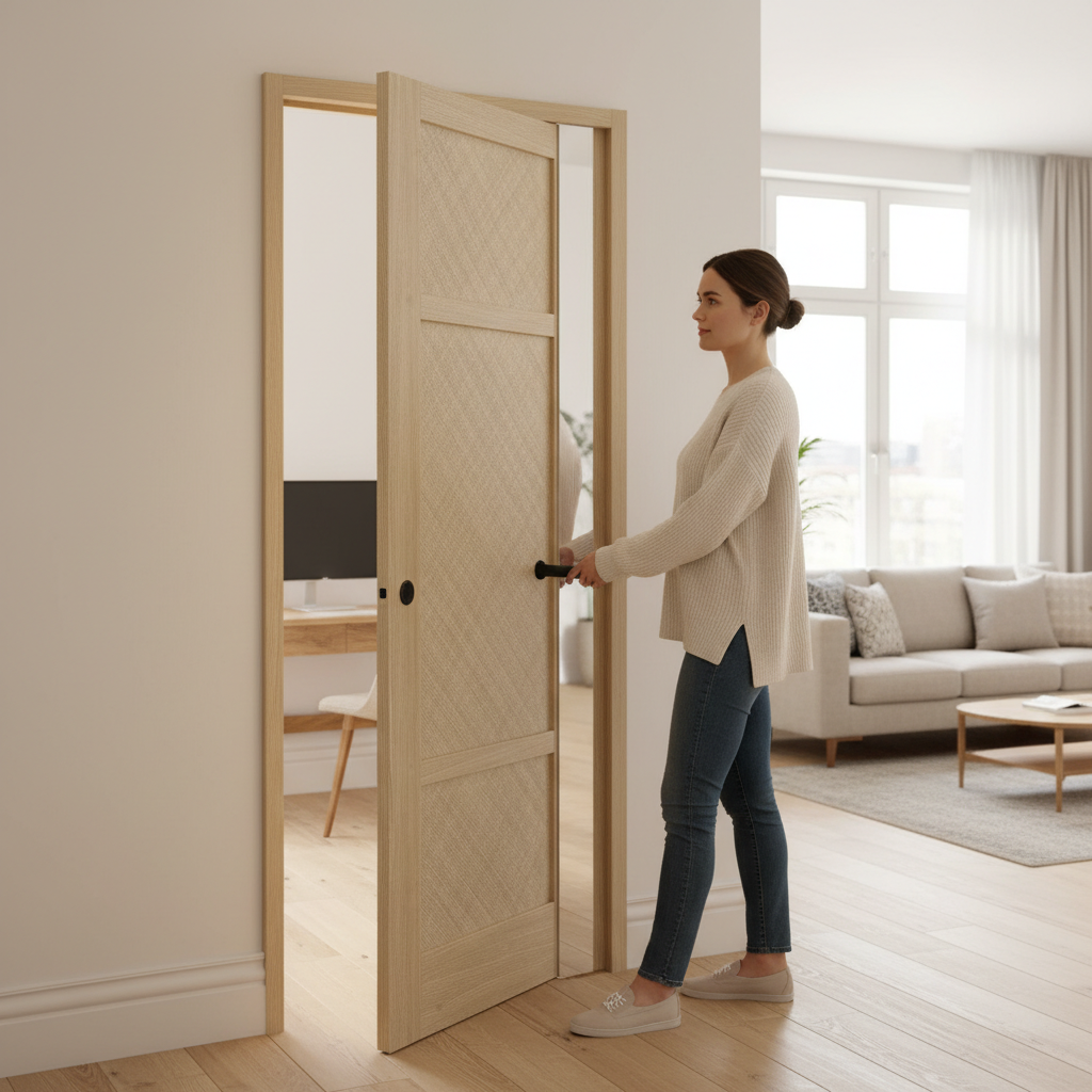 Premium Oak Pocket Door Set with Rattan Panels and Galvanised Steel Frame - Fully Finished for Easy Installation