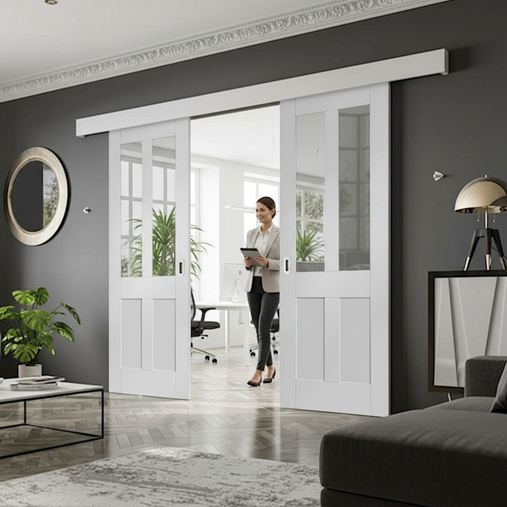 Premium Double Sliding Door System with Clear Glazed Doors, Track, and Pelmet - Ideal for Internal Use