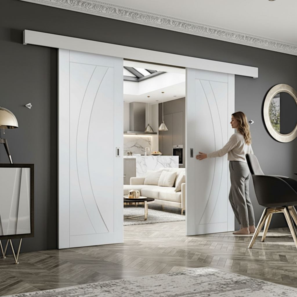 Premium Double Sliding Door System with White Pelmet for Internal Doors - Suitable for 35-50mm Thick Doors