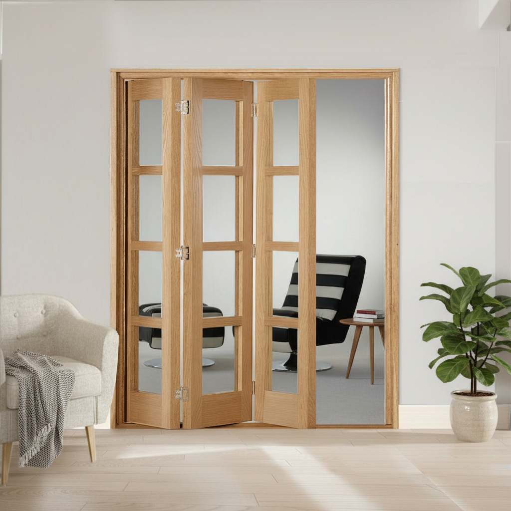 Premium 3 Leaf Oak Shaker Bi-Folding Door Set with Clear Glaze - Elegant Room Divider for Space Optimization