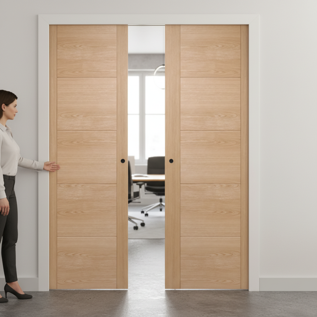 Premium Contemporary Oak Double Pocket Door Set with Galvanized Steel Frame and Adjustable Jambs for Easy Installation