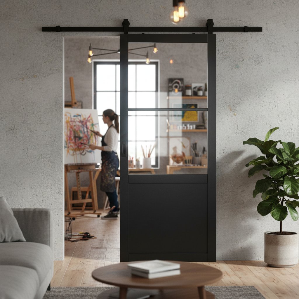 Premium Internal Fully Finished Industrial Studio 1 Panel 2 Light Clear Glass Door with Matt Black Track for Modern Homes - Image 2
