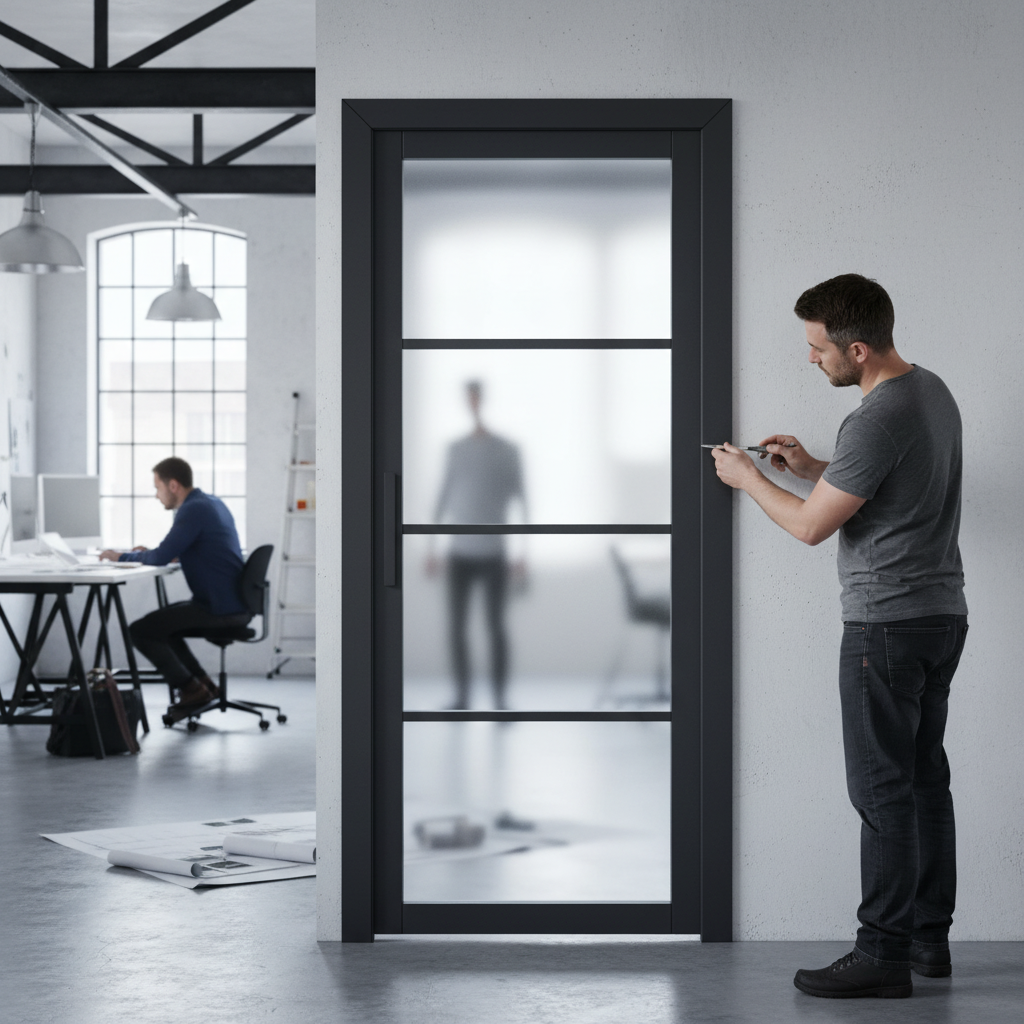 Premium Internal Fully Finished 4 Light Obscure Glass Industrial Studio Door with Solid Core Construction and Toughened Safety Glass Panels