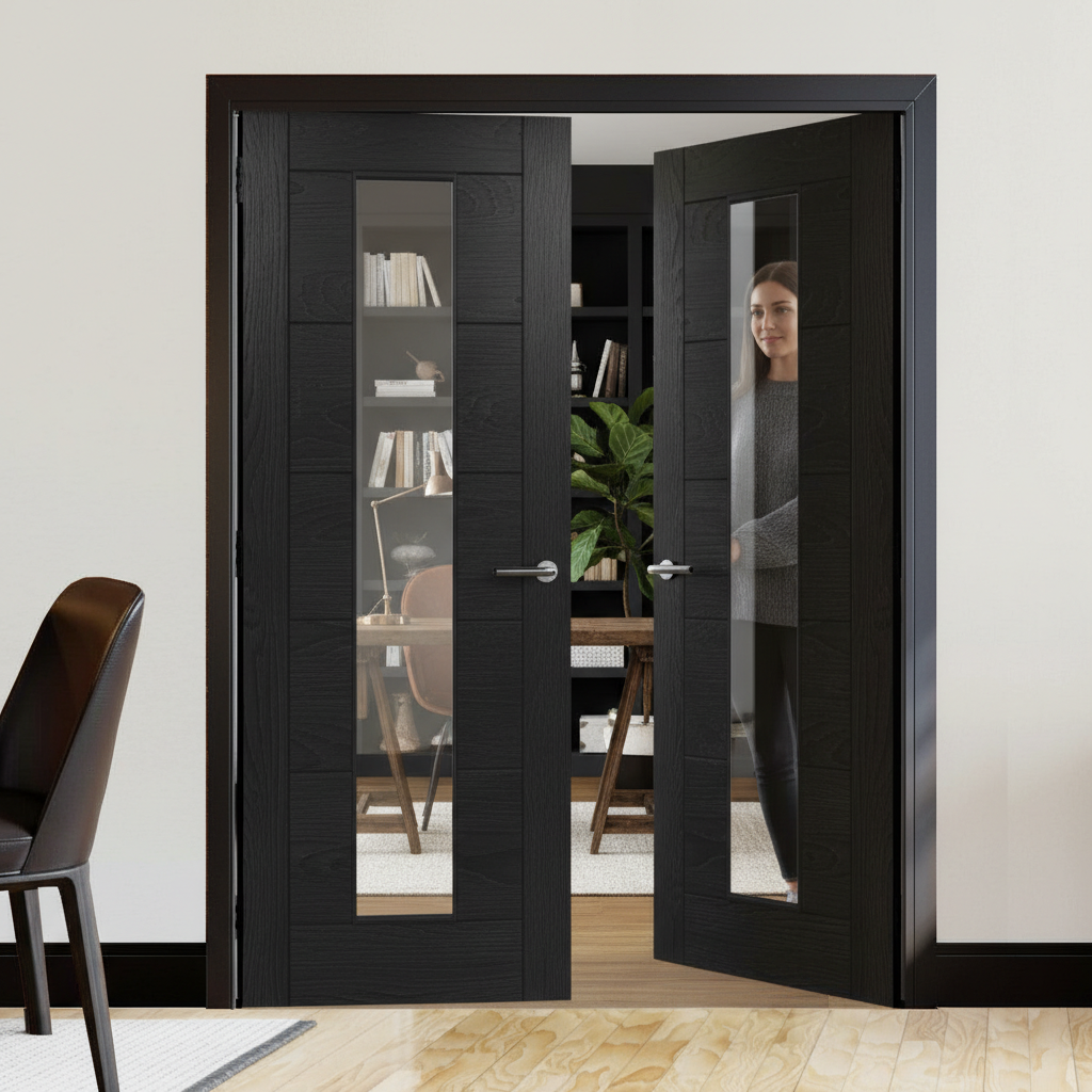 Premium Brushed Black Oak Glazed 1 Lite Door Pair - Crown Cut Veneer with Clear Tempered Glass Finish