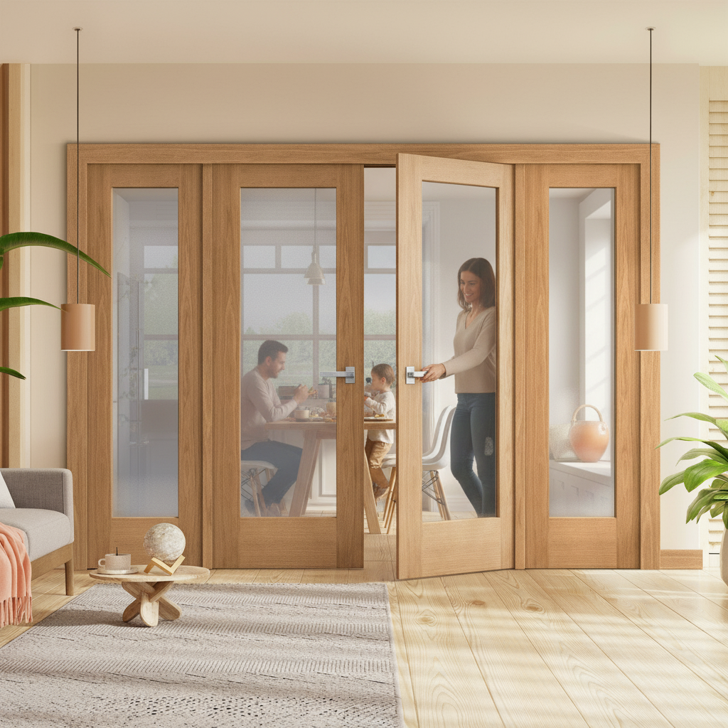 Internal Room Divider Set with Pattern 10 Obscure Glass Panels and Unfinished Oak Doors for Stylish Home Separation - Image 2