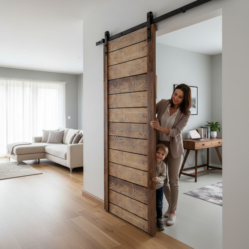 Premium Barn Door Sliding Door System with 2m Black Carbon Steel Track and Soft Close Feature for Rustic Interiors