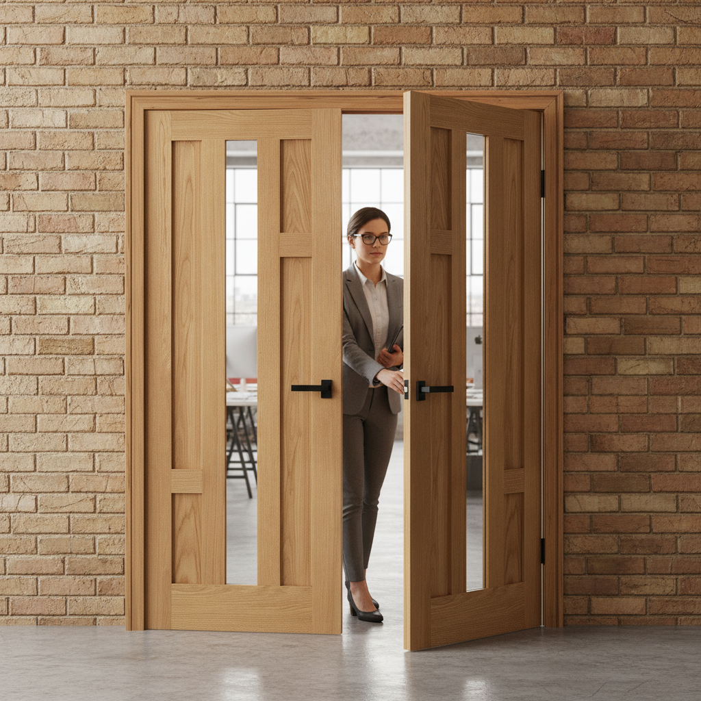Premium Internal Oak Fully Finished 4 Panel Glazed Pair Door with Elegant Design and Professional Installation