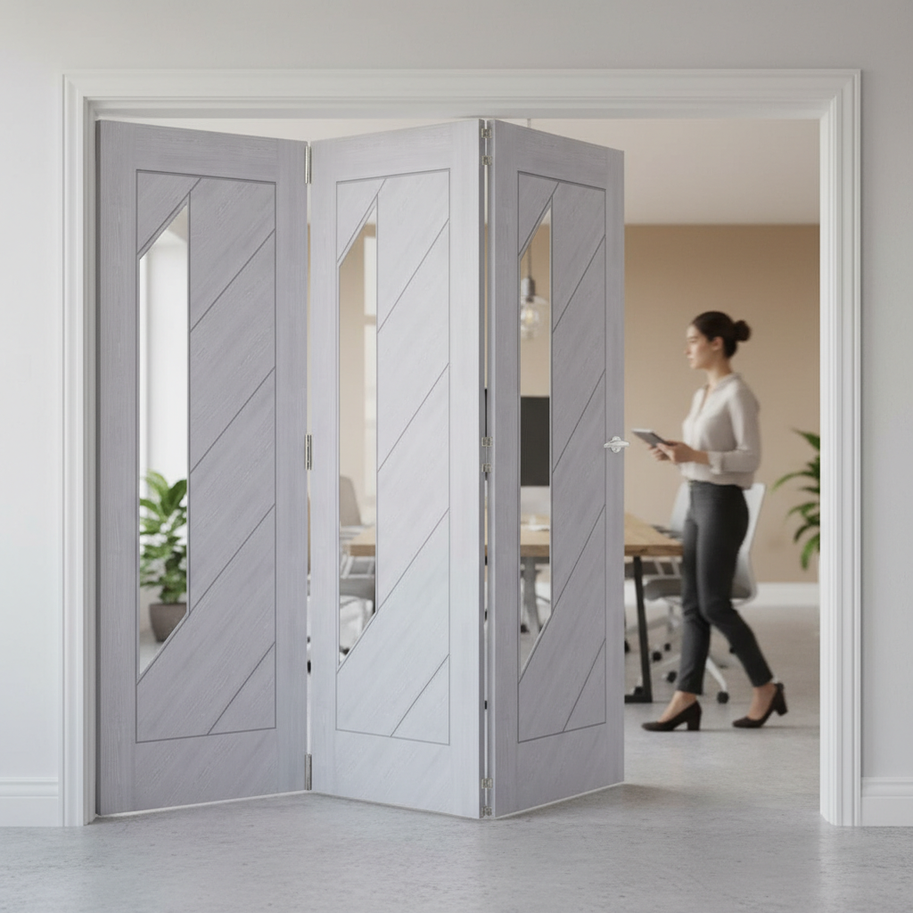 Premium Clear Glazed Bi-Folding Room Divider with Top Hung System and Various Configurations for Flexible Space Management