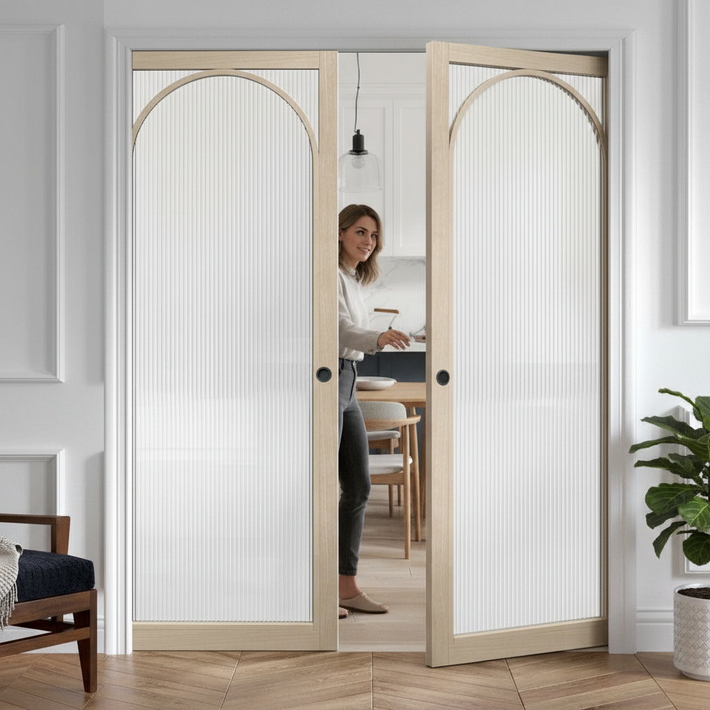 Premium Reeded Glazed Arched Double Pocket Door System with Adjustable Jambs and Maintenance-Free Track