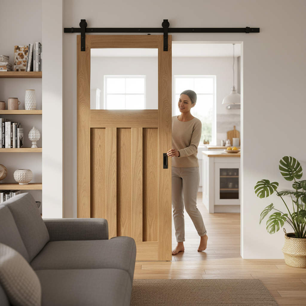 Premium Internal Unfinished Oak Sliding Door Set with Clear Glass and Black Steel Track - 1930's Design - Image 2